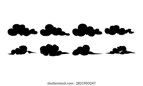A diverse set of cloud silhouettes showcasing various shapes and sizes against a white background, illustrating different weather and sky conditions.