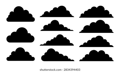 A diverse set of cloud silhouettes showcasing different shapes and sizes in a monochrome style, ideal for weather or sky-themed designs.