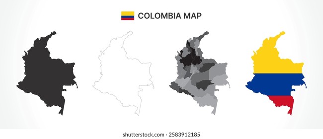 A diverse set of Colombia maps, including a black silhouette, detailed outline, political division map with departments, and a flag-themed version, ideal for educational and design purposes