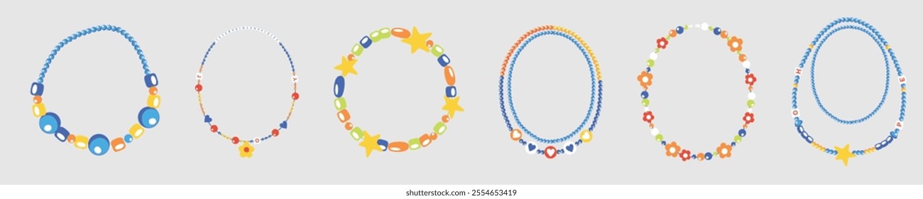 A diverse set of colorful beaded necklace designs. Circular frames decorated with beads, stars, and flowers, ideal for crafting or fashion inspiration.