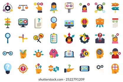 Diverse set of colorful icons representing the process of decision making, problem solving, idea generation, and solution finding