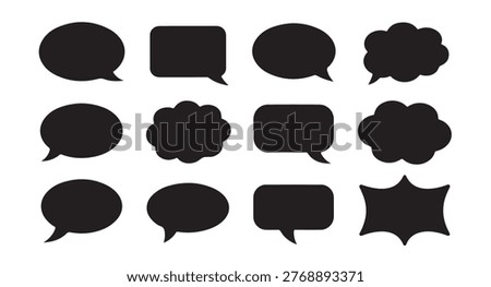Diverse set of communication icons. Blank text spaces for dialogues. Different styles of message boxes.