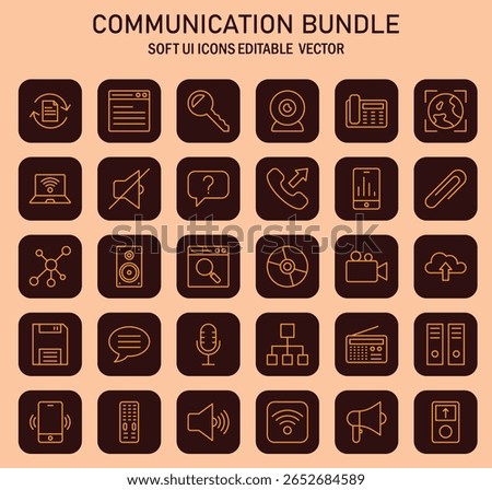 A diverse set of communication and technology icons for interface design and application development showing