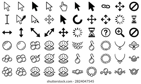 A diverse set of computer mouse cursors and various jewelry icons including pearls and necklaces.