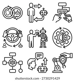 Um conjunto diversificado de ícones de arte de linha conceitual que ilustram a interação humano-IA, automação, tomada de decisão e conceitos de integração tecnológica.