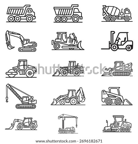 A diverse set of construction vehicle icons, presented in a clean and modern silhouette style for versatile use.