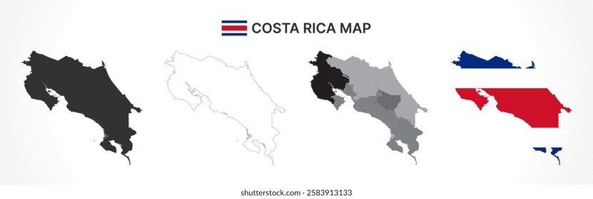 A diverse set of Costa Rica maps, including a black silhouette, detailed outline, political division map with provinces, and a flag-themed version, ideal for educational and design purposes