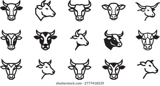 Diverse set of cow head icons featuring bold outlines and creative artistic renditions for modern design applications.