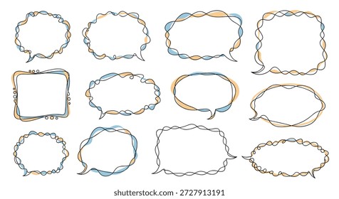 Diverso conjunto de creativas burbujas de discurso dibujadas a mano con bordes ondulados y acentos coloridos perfectos para tiras cómicas y proyectos gráficos artísticos.