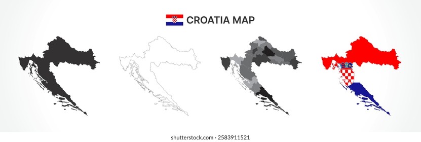 A diverse set of Croatia maps, including a black silhouette, detailed outline, political division map with counties, and a flag-themed version, ideal for educational and design purposes