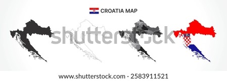 A diverse set of Croatia maps, including a black silhouette, detailed outline, political division map with counties, and a flag-themed version, ideal for educational and design purposes