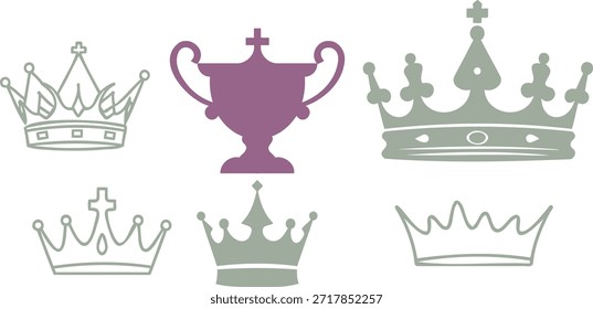 Um conjunto diversificado de elementos gráficos de coroa e troféus, apresentado em vários estilos artísticos, perfeito para representar a realeza, realização e vitória em projetos de design.