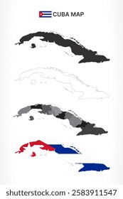 A diverse set of Cuba maps, including a black silhouette, detailed outline, political division map with provinces, and a flag-themed version, ideal for educational and design purposes