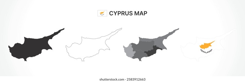 A diverse set of Cyprus maps, including a black silhouette, detailed outline, political division map with districts, and a flag-themed version, ideal for educational and design purposes