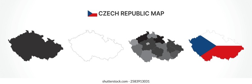 A diverse set of Czech Republic maps, including a black silhouette, detailed outline, political division map with regions, and a flag-themed version, ideal for educational and design purposes