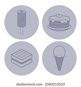 Diverse set of dessert icons depicting popular sweets including popsicle, cake, waffle, and ice cream cone. Simple and clear design suitable for menus, apps, or graphic design projects