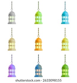 Diverse set of digital assets including stylized Islamic patterns with moons and goats, alongside modern and classic hanging lanterns in multiple colors.