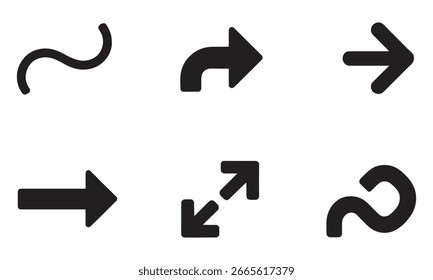 Diverse Reihen von richtungs- und abstrakten Pfeilen, die Bewegungen und Erweiterungen für Design- und Wegfindungsanwendungen mit klaren und einfachen Grafikelementen führen