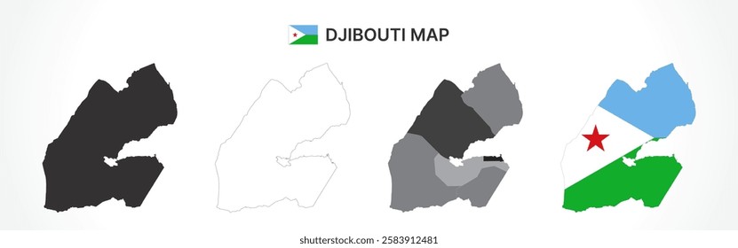 A diverse set of Djibouti maps, including a black silhouette, detailed outline, political division map with regions, and a flag-themed version, ideal for educational and design purposes