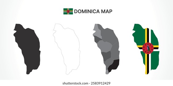 A diverse set of Dominica maps, including a black silhouette, detailed outline, political division map with parishes, and a flag-themed version, ideal for educational and design purposes