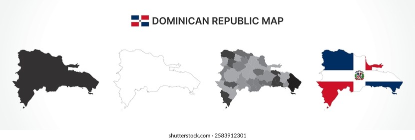 A diverse set of Dominican Republic maps, including a black silhouette, detailed outline, political division map with provinces, and a flag-themed version, ideal for educational and design purposes