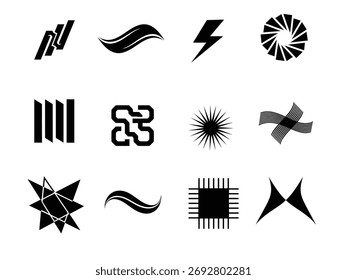 Diverse set dynamic graphic elements. Vector shapes with leaf bolt star bursts lines. Versatile design projects modern designs visual appeal.