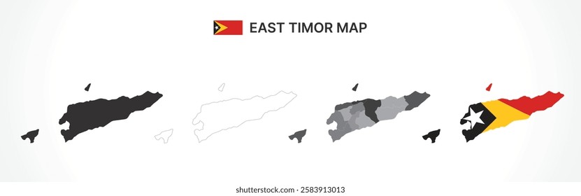 A diverse set of East Timor maps, including a black silhouette, detailed outline, political division map with municipalities, and a flag-themed version, ideal for educational and design purposes