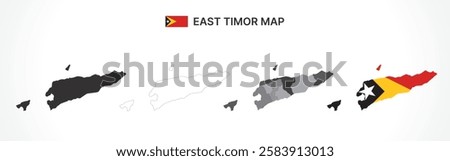 A diverse set of East Timor maps, including a black silhouette, detailed outline, political division map with municipalities, and a flag-themed version, ideal for educational and design purposes
