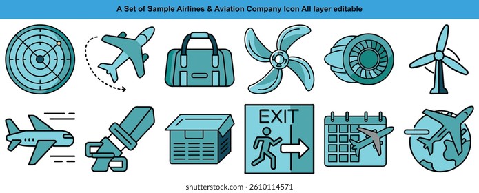 A diverse set of editable icons illustrating various aspects of airlines and aviation, including airplanes, safety, and travel related elements, great for presentations and design projects.