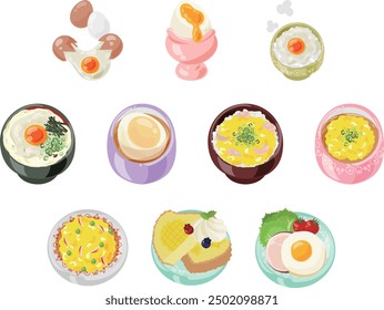 Ein vielfältiges Set von Eierspeisen-Icons, von klassischen Rezepten bis zu Desserts. 