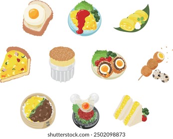 A diverse set of egg dish icons, from classic recipes to desserts. 