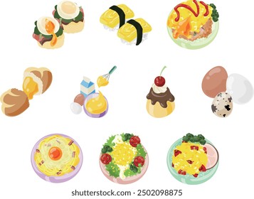 Un conjunto diverso de iconos de platos de huevo, desde recetas clásicas hasta postres. 