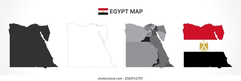 A diverse set of Egypt maps, including a black silhouette, detailed outline, political division map with governorates, and a flag-themed version, ideal for educational and design purposes