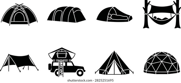 A diverse set of eight black silhouette icons representing various camping shelters, including dome tents, rooftop tents, and glamping domes. These vector elements are perfect for travel websites, outdoor gear catalogs, and adventure infographics.
