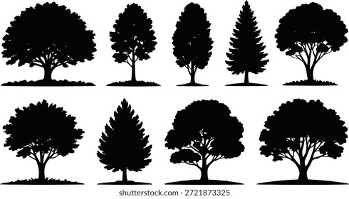 Ein vielfältiges Set von acht schwarzen Baum-Silhouetten auf weißem Hintergrund, einschließlich Breitblatt- und Nadelbäume, geeignet für Umweltprojekte.