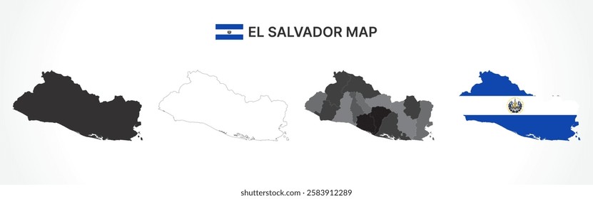 A diverse set of El Salvador maps, including a black silhouette, detailed outline, political division map with departments, and a flag themed version, ideal for educational and design purposes