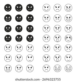 Um conjunto diversificado de emojis exibe uma gama de emoções, da felicidade à tristeza, em ambos os estilos preenchidos e esboçados.
