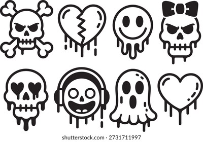 Diverse set of emoticon faces and skulls in black and white illustration style, showcasing different emotions and designs, perfect for various creative and artistic projects and applications.