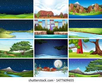 Diverse set of empty backgronds in nature day, night, city and rural illustration