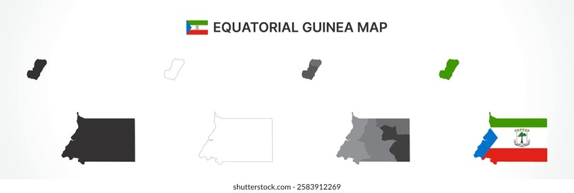 A diverse set of Equatorial Guinea maps, including a black silhouette, detailed outline, political division map with regions, and a flag-themed version, ideal for educational and design purposes