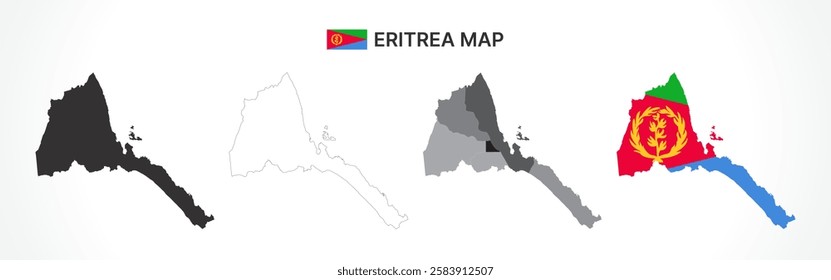 A diverse set of Eritrea maps, including a black silhouette, detailed outline, political division map with regions, and a flag-themed version, ideal for educational and design purposes