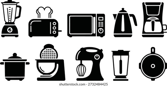 Diverse set of essential household kitchen appliances for cooking, baking, and food preparation, rendered in clean black and white.