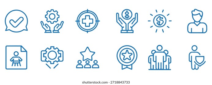 Conjunto diverso de iconos de línea esenciales para los conceptos de negocios, recursos humanos y seguridad