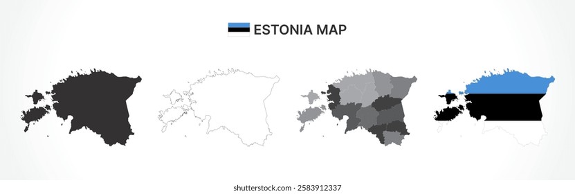A diverse set of Estonia maps, including a black silhouette, detailed outline, political division map with counties, and a flag-themed version, ideal for educational and design purposes