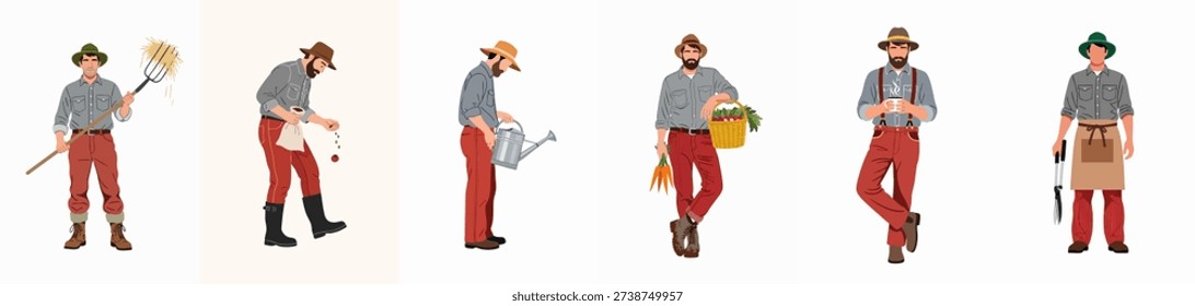 Diverse set of farmer illustrations: working in the garden, sowing seeds, watering, harvesting vegetables, and holding agricultural tools.