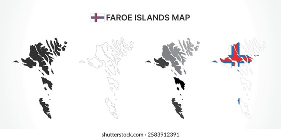 A diverse set of Faroe Islands maps, including a black silhouette, detailed outline, political division map with regions, and a flag-themed version, ideal for educational and design purposes