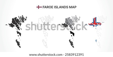 A diverse set of Faroe Islands maps, including a black silhouette, detailed outline, political division map with regions, and a flag-themed version, ideal for educational and design purposes