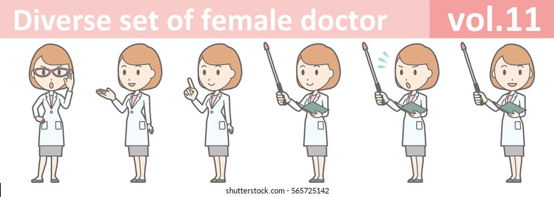 Diverse set of female doctor , EPS10 vector format vol.11 (Illustrations of various poses of a young female doctor wearing a white coat and skirt)