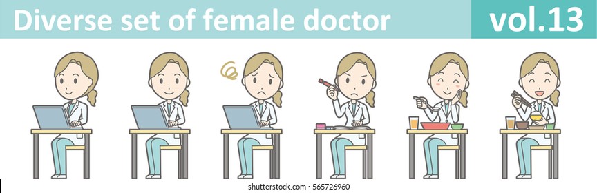 Diverse set of female doctor , EPS10 vector format vol.13 (Illustrations of various poses of a young female doctor wearing a white coat and a green scrub)