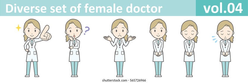 Diverse set of female doctor , EPS10 vector format vol.04 (Illustrations of various poses of a young female doctor wearing a white coat and a green scrub)